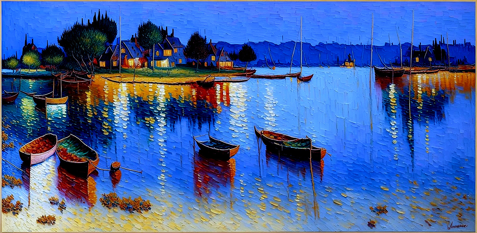 Serene Lakeside Scene at Dusk with Illuminated Houses