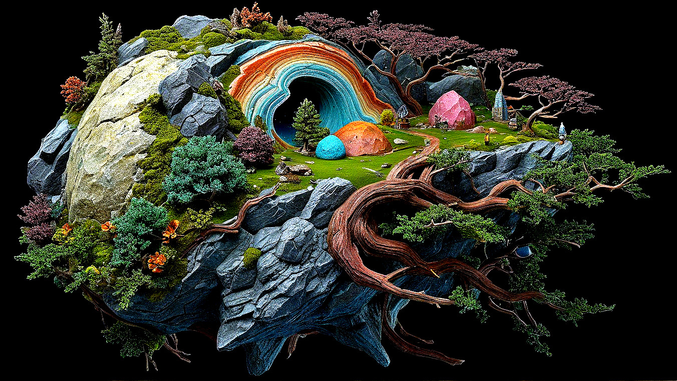 Surreal Landscape with Floating Rock and Rainbow Arch