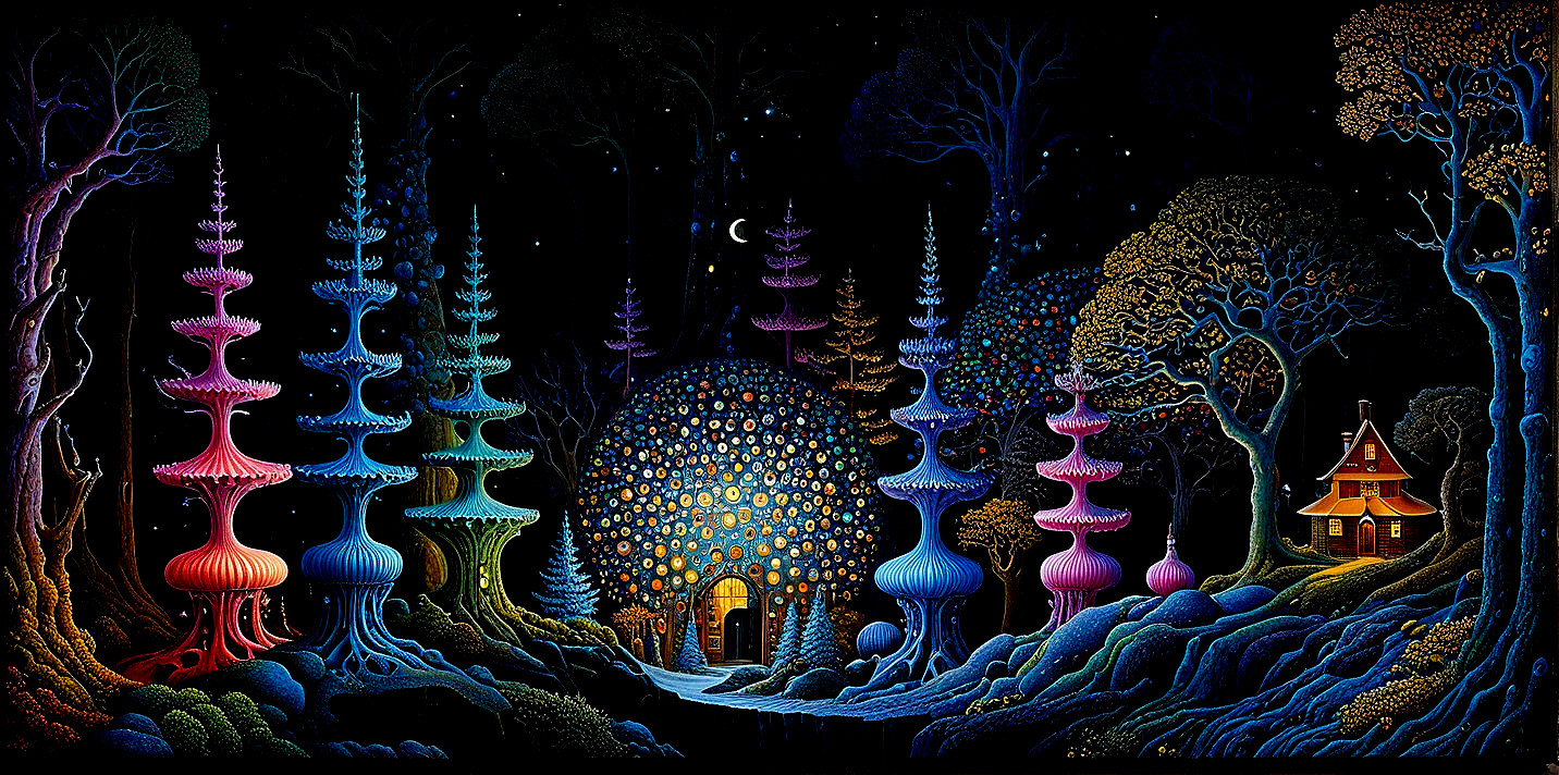 Surreal Landscape with Colorful Trees and Cozy Cottage