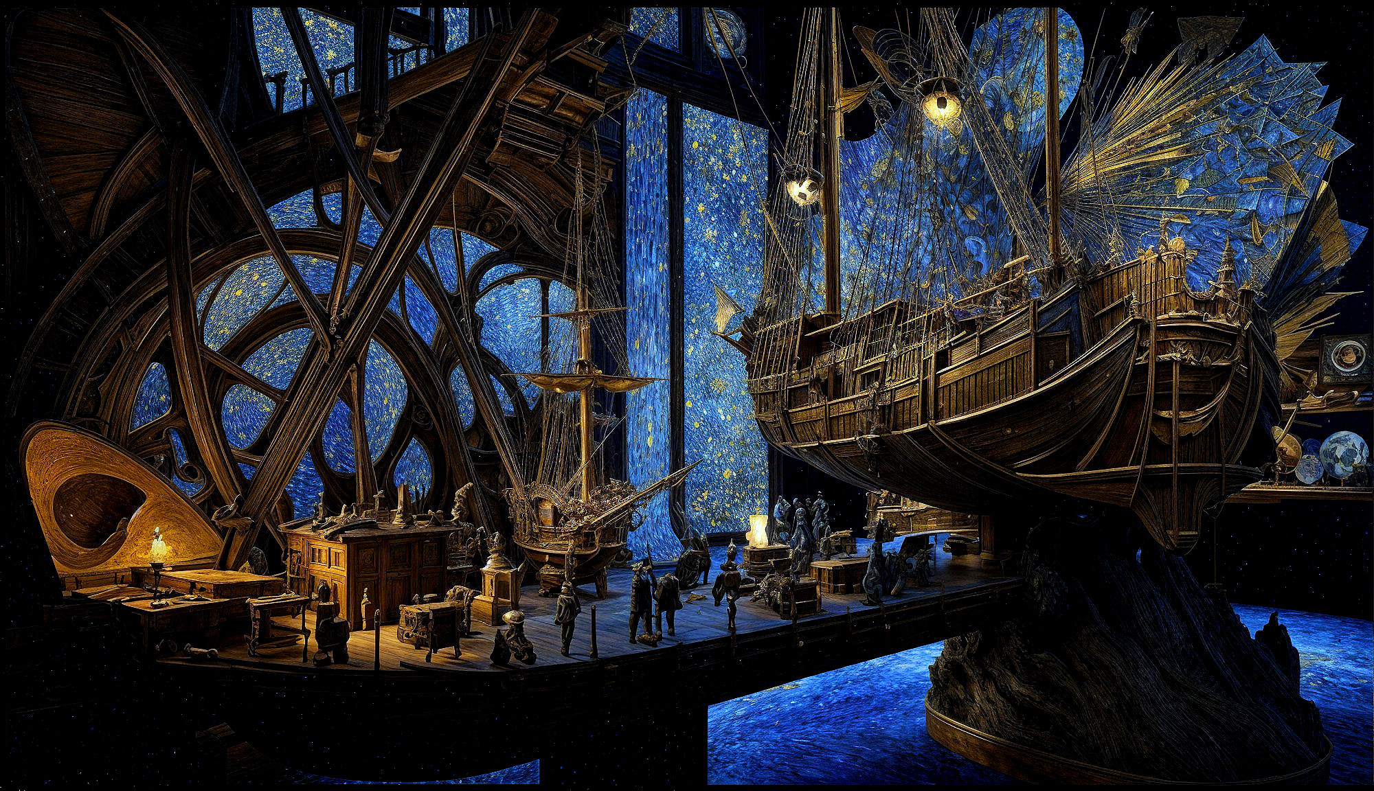 Fantastical Interior with Wooden Architecture and Ship