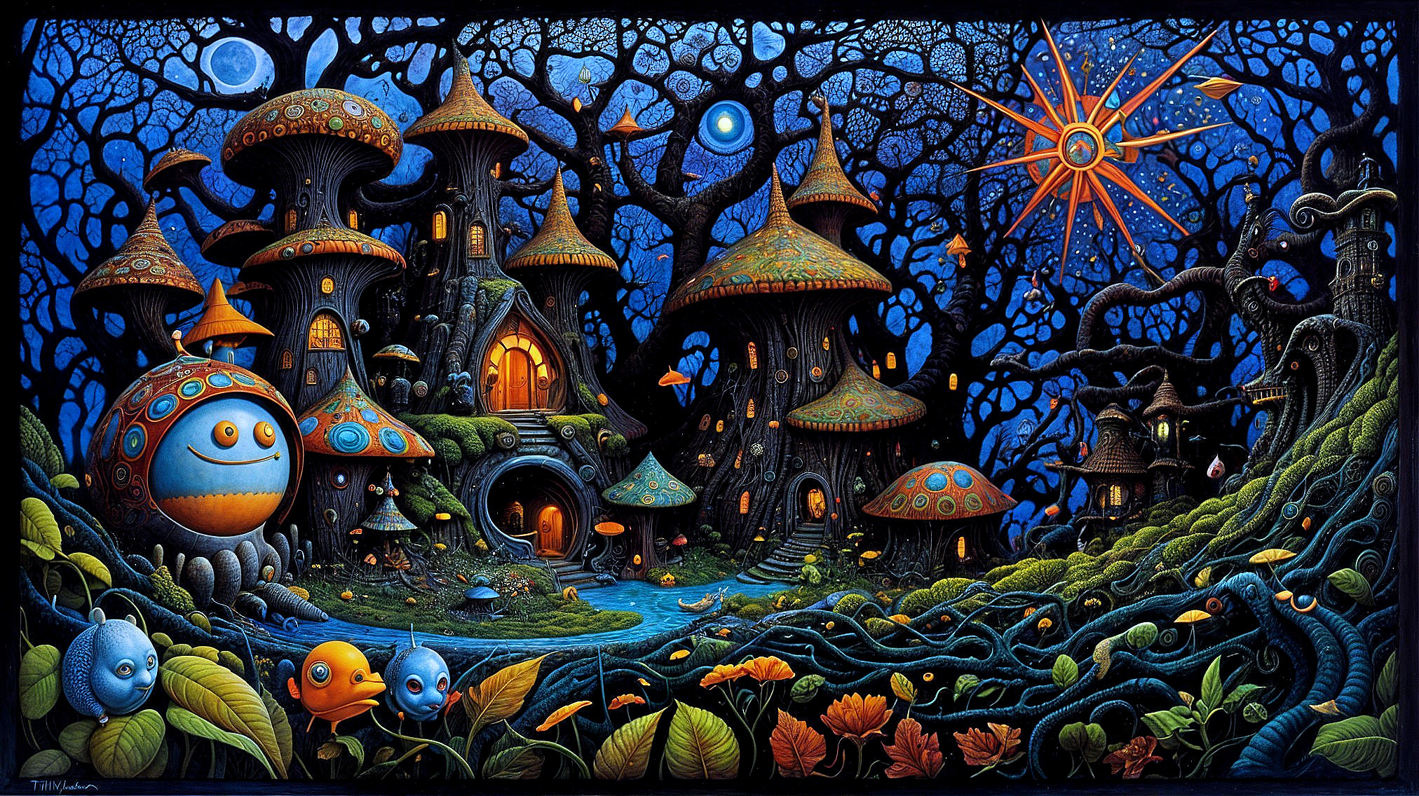 Enchanted Landscape with Mushroom Houses and Creatures