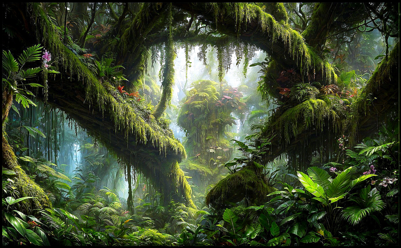 Vibrant Jungle with Mossy Trees and Exotic Plants