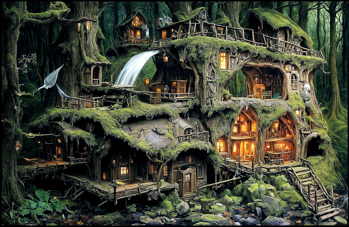 Whimsical multi-level treehouse in enchanted forest