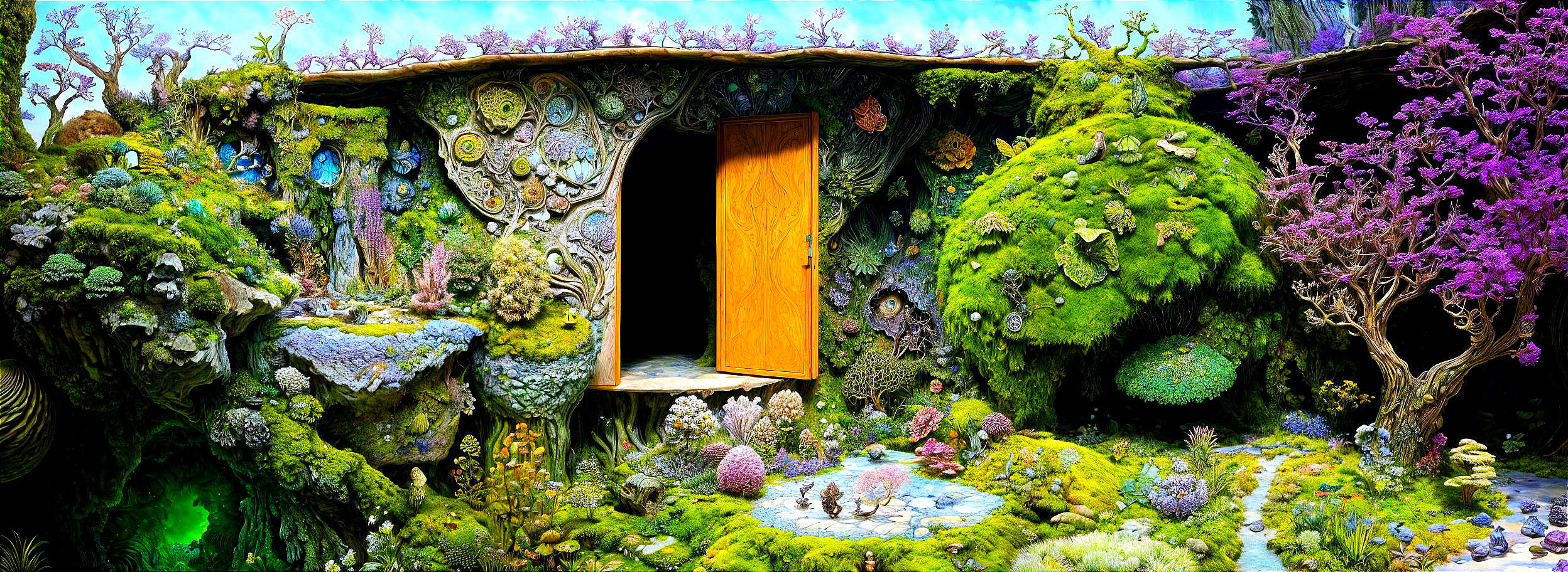 Vibrant Whimsical Landscape with Colorful Flora and Trees