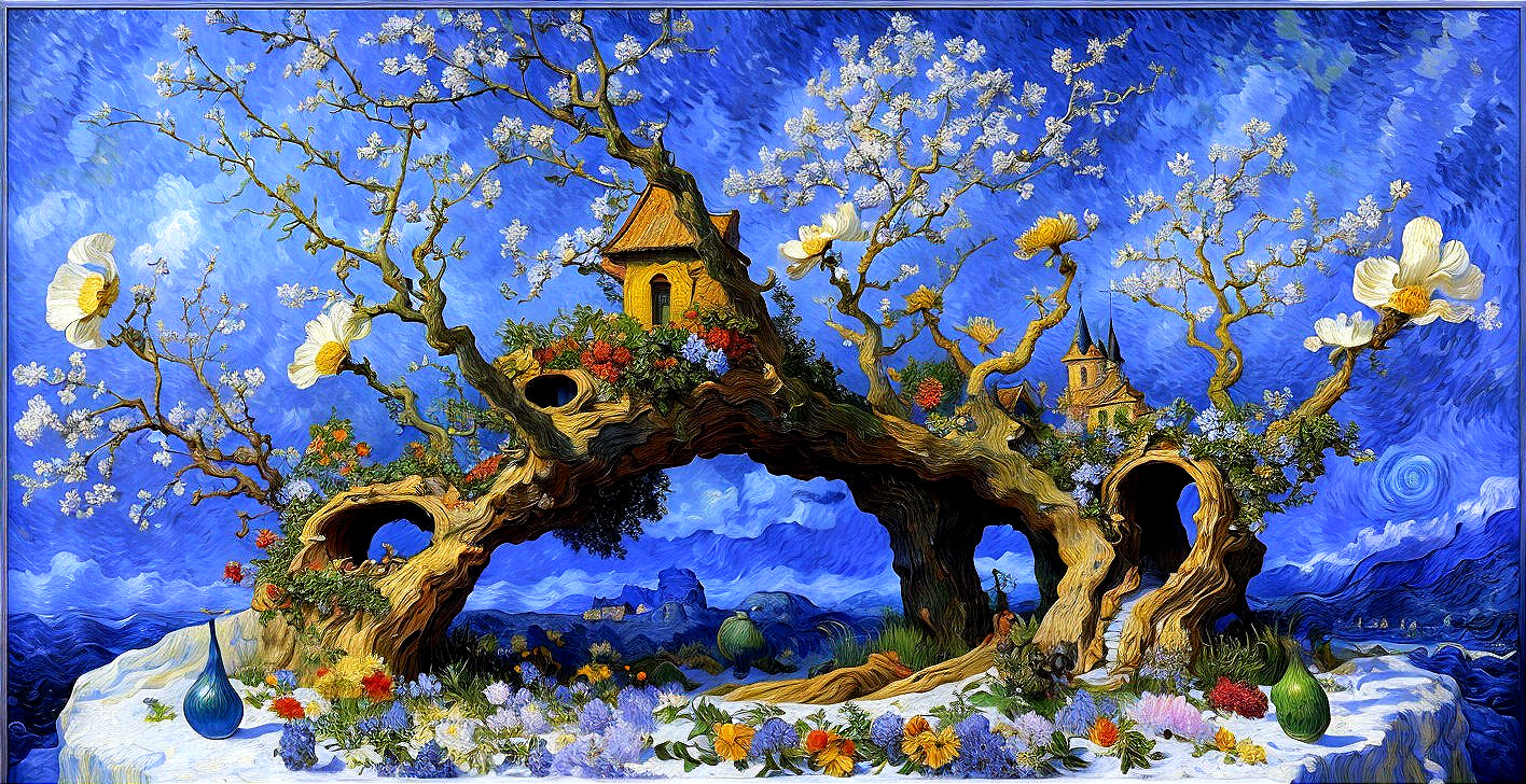 Whimsical Landscape with Gnarled Trees and Charming Houses