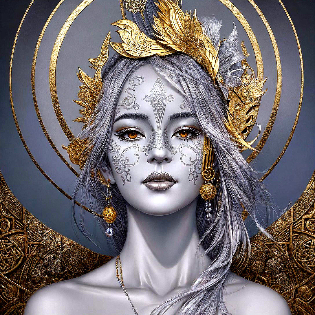 Portrait of a woman with silver hair and golden accessories
