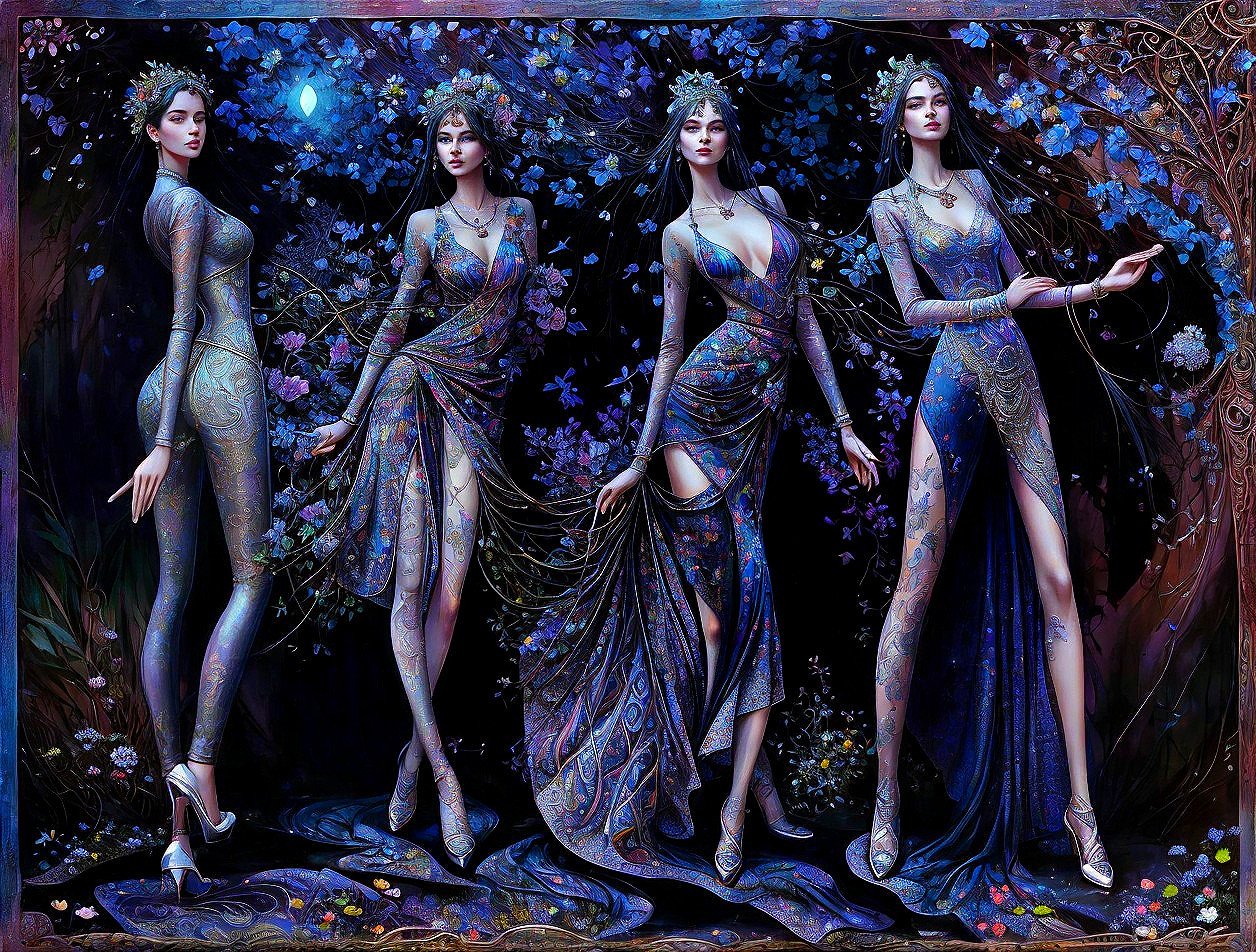 Elegant Women in Floral Dresses with Blue Light