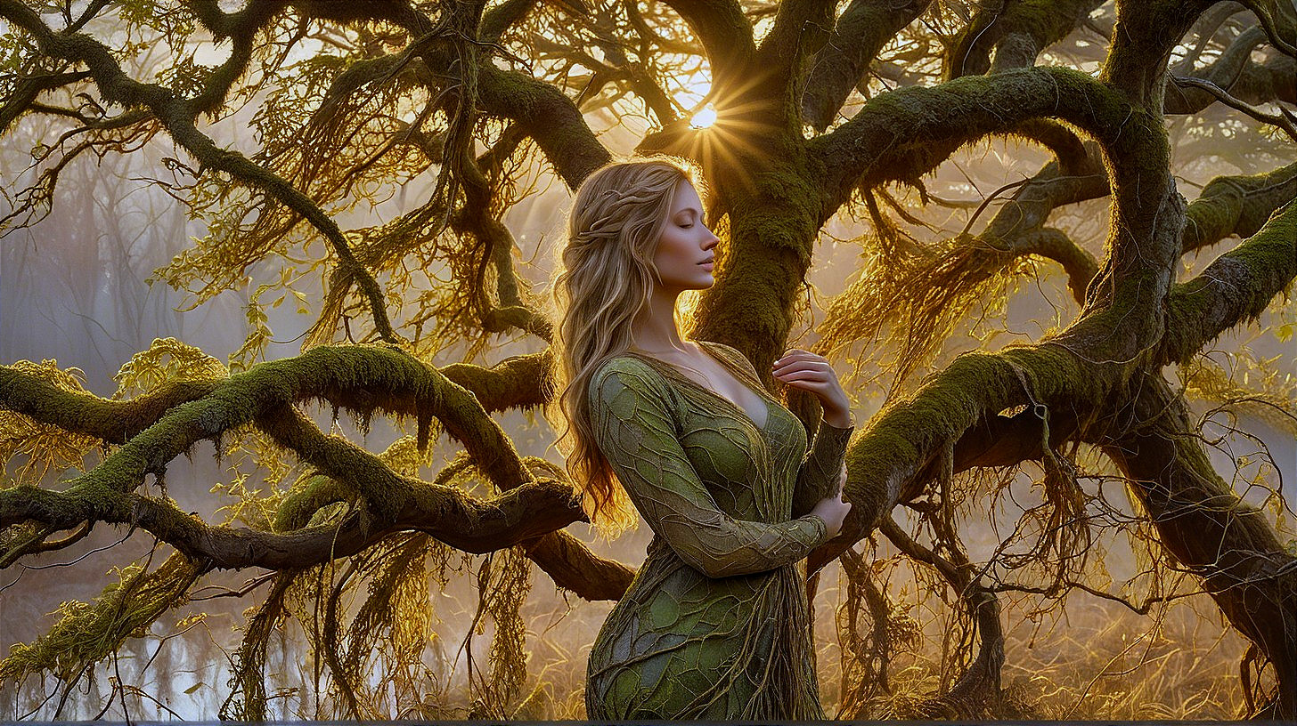 Woman in Green Dress in Mystical Landscape Scene
