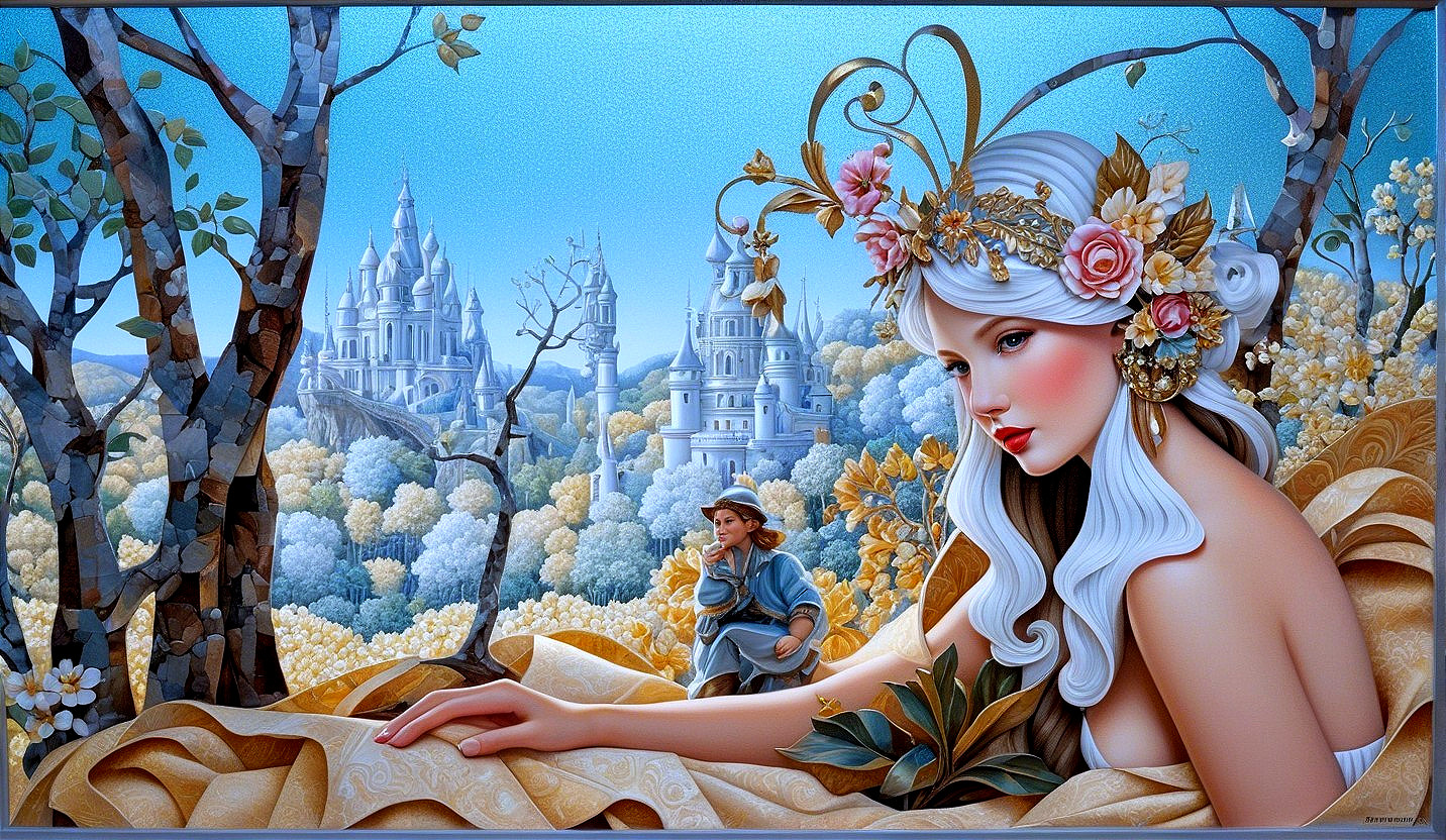 Serene Woman with White Hair in Dreamy Landscape