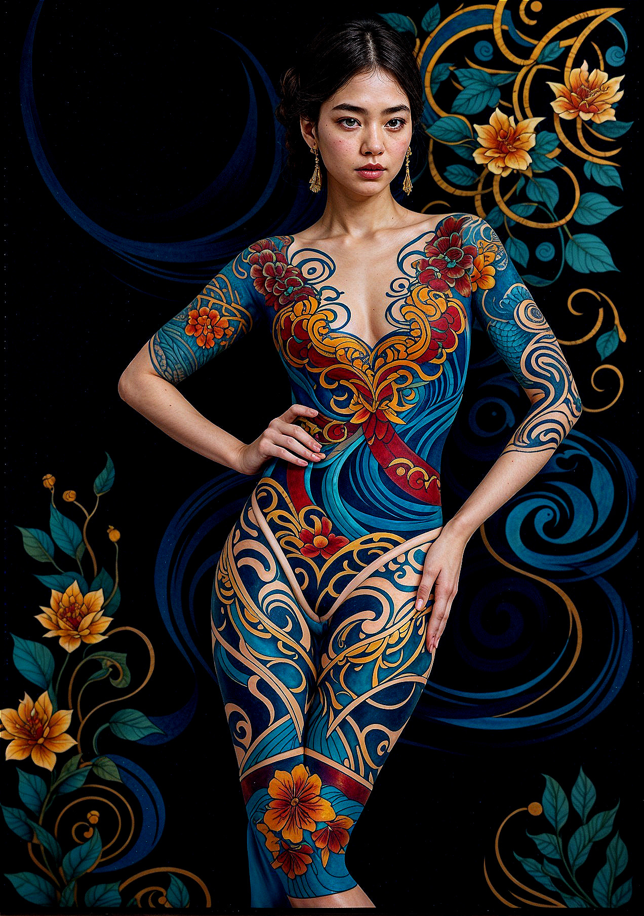 Model Displays Intricate Body Art Resembling Dress