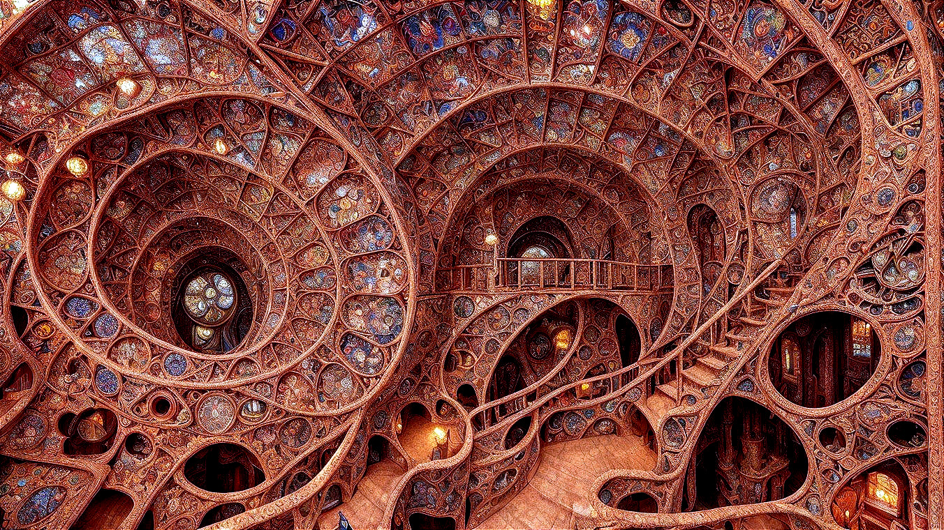 Fantastical Interior Design with Spiral Staircase and Stained Glass
