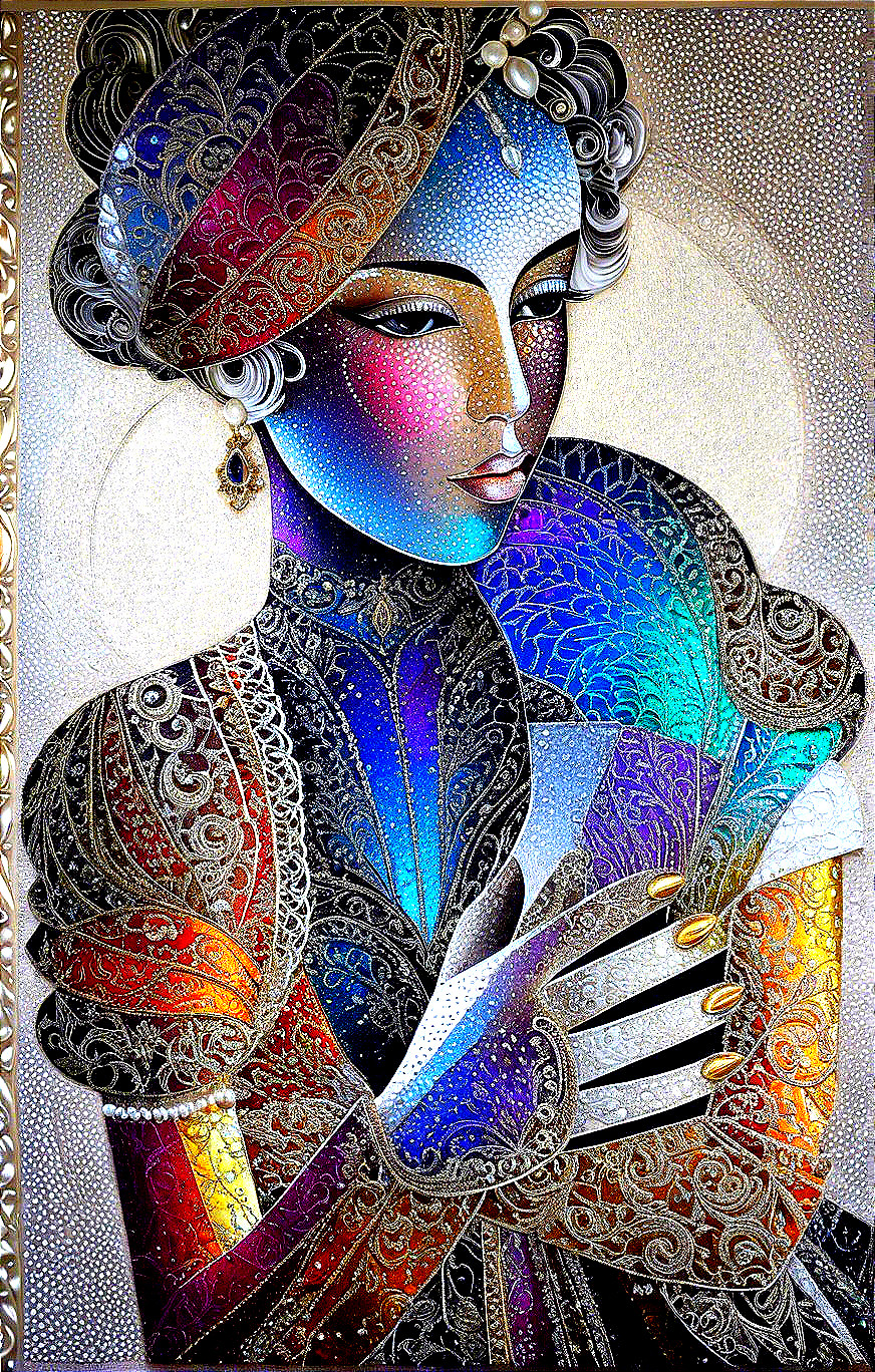 Stylized Woman in Richly Patterned Garment and Accessories