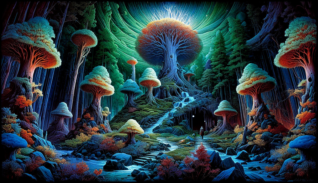 Mystical Forest with Luminescent Trees and Waterfall