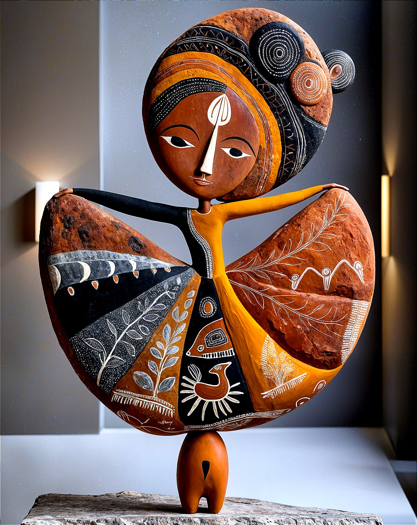 Vibrant Sculpture of a Female Figure with Patterns