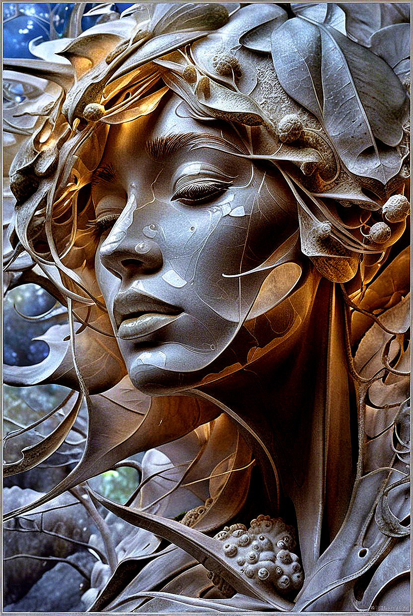 Detailed Sculpture of Serene Female Face with Nature Elements