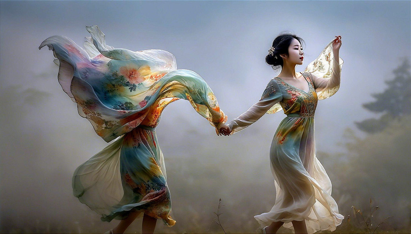 Young Woman Dancing in a Mystic, Ethereal Landscape