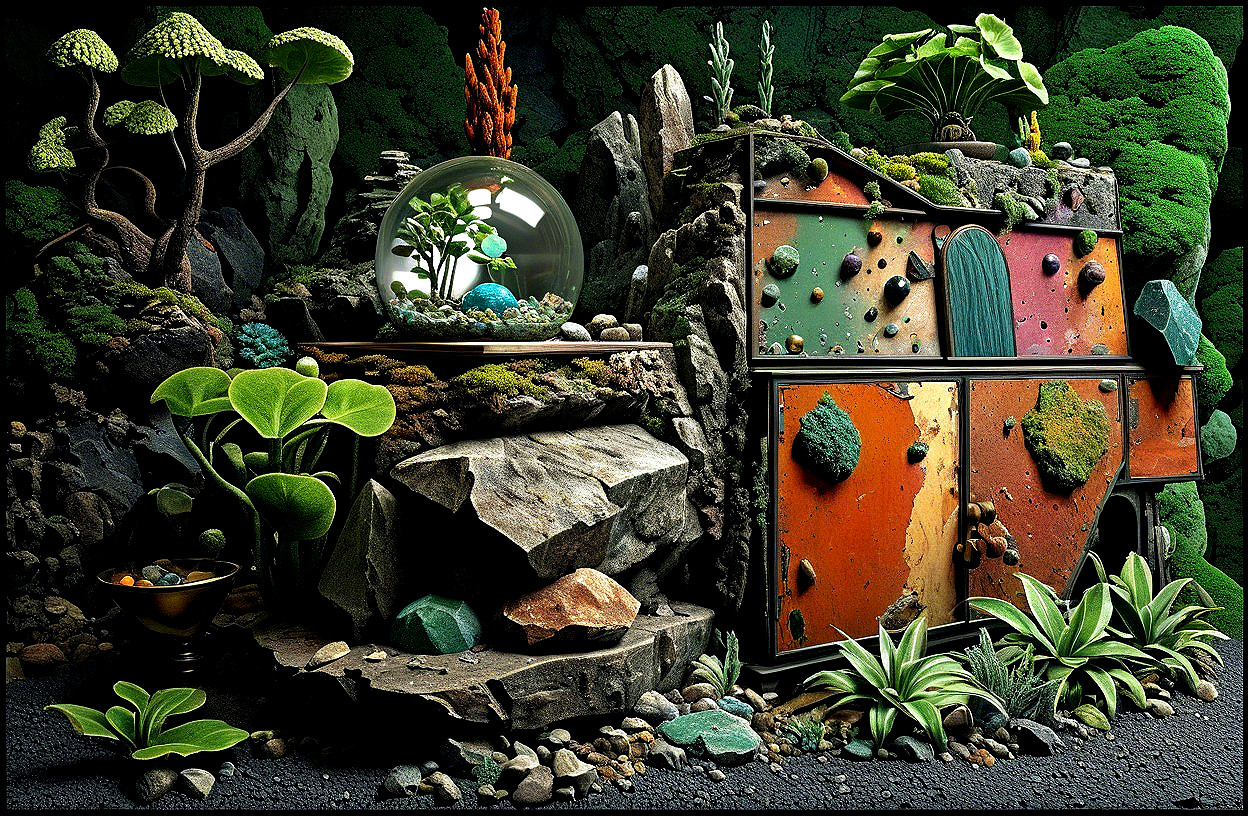 Miniature Landscape with Terrarium and Colorful Plants