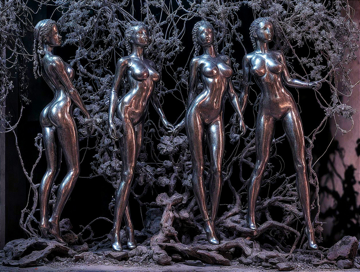 Metallic Sculptures of Female Figures Amidst Vines