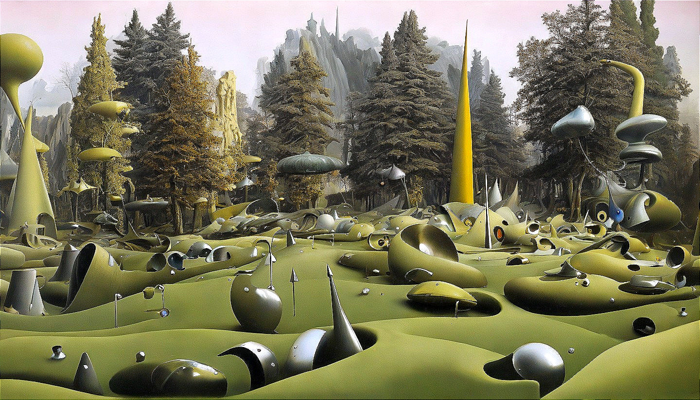 Surreal Landscape with Green Hills and Abstract Forms