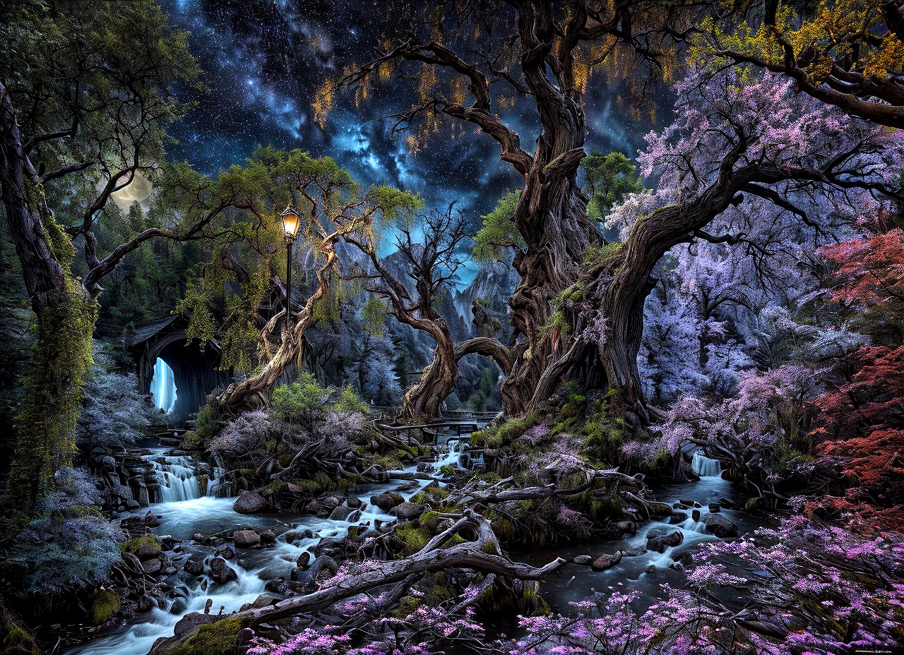 Twilight in an Enchanting Forest with Waterfall and Stars