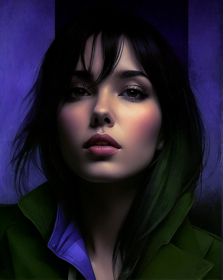 Portrait of a Young Woman with Dark Hair and Green Jacket