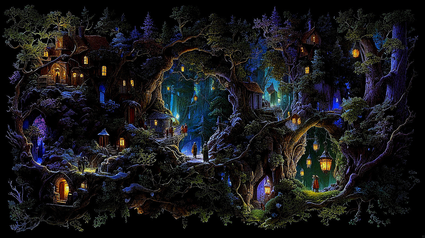 Mystical forest with glowing lanterns and enchanting houses