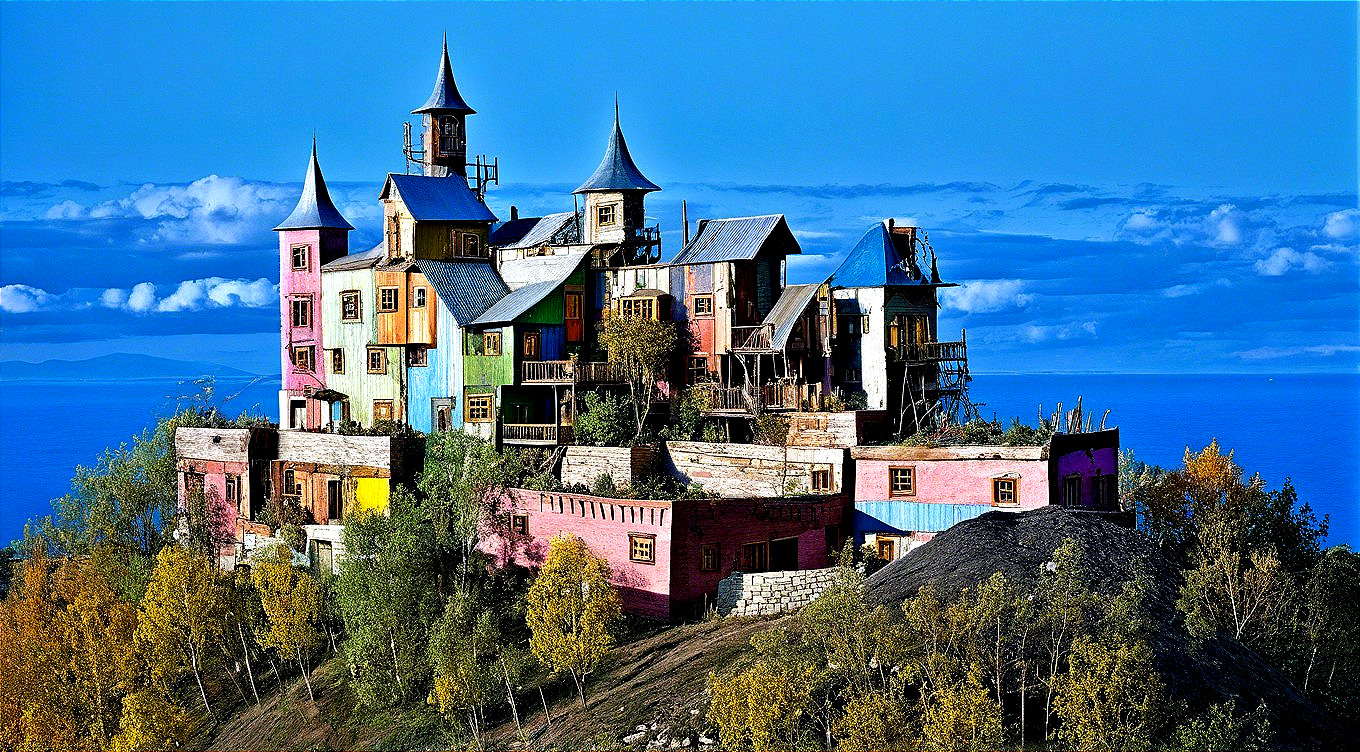 Colorful Castle on a Grassy Hill with Autumn Trees