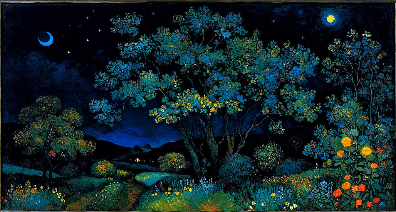 Nighttime Landscape with Blooming Trees and Stars