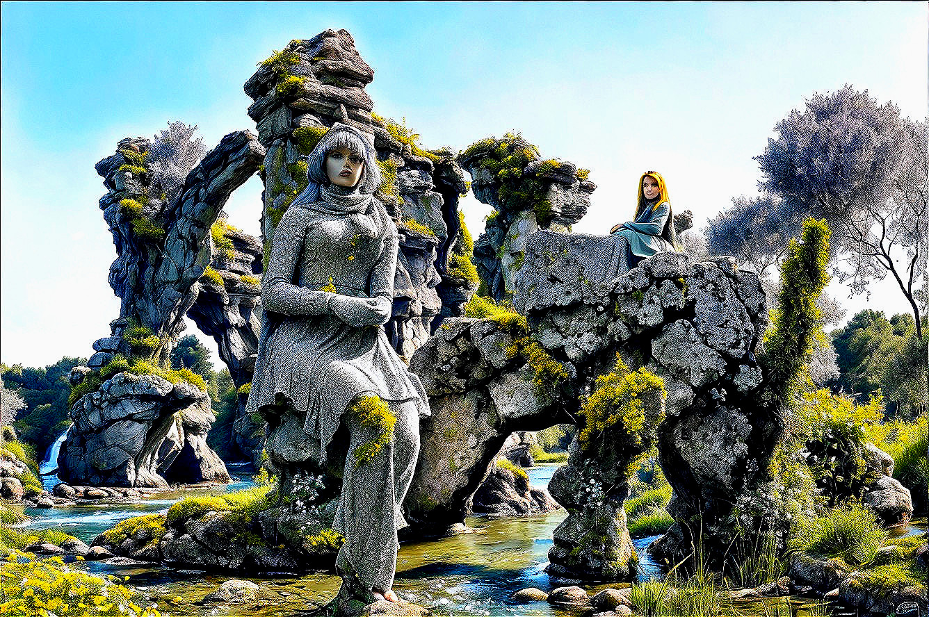 Ethereal Figures on Rocks by a Serene River Scene