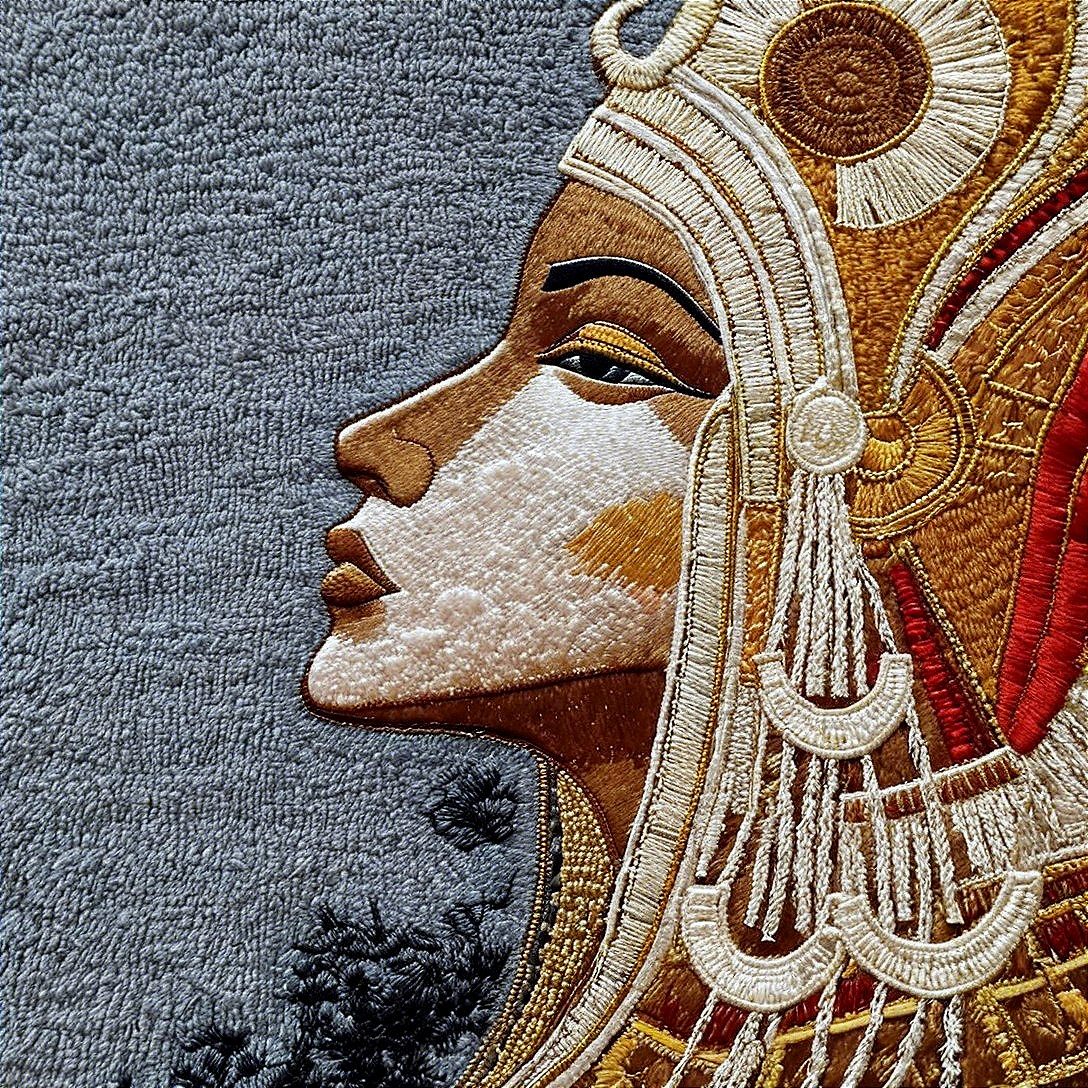 Embroidered Profile of a Woman Inspired by Egyptian Art