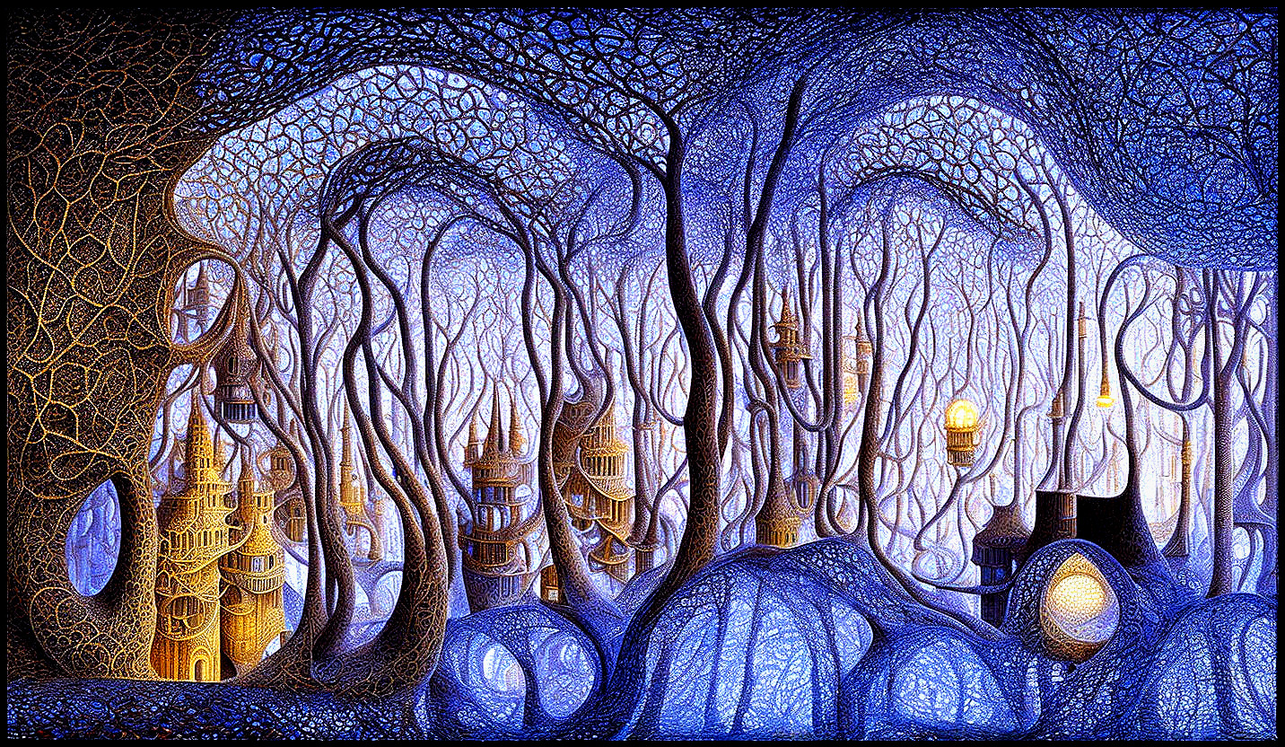 Intricate painting of fantastical forest in blue and gold