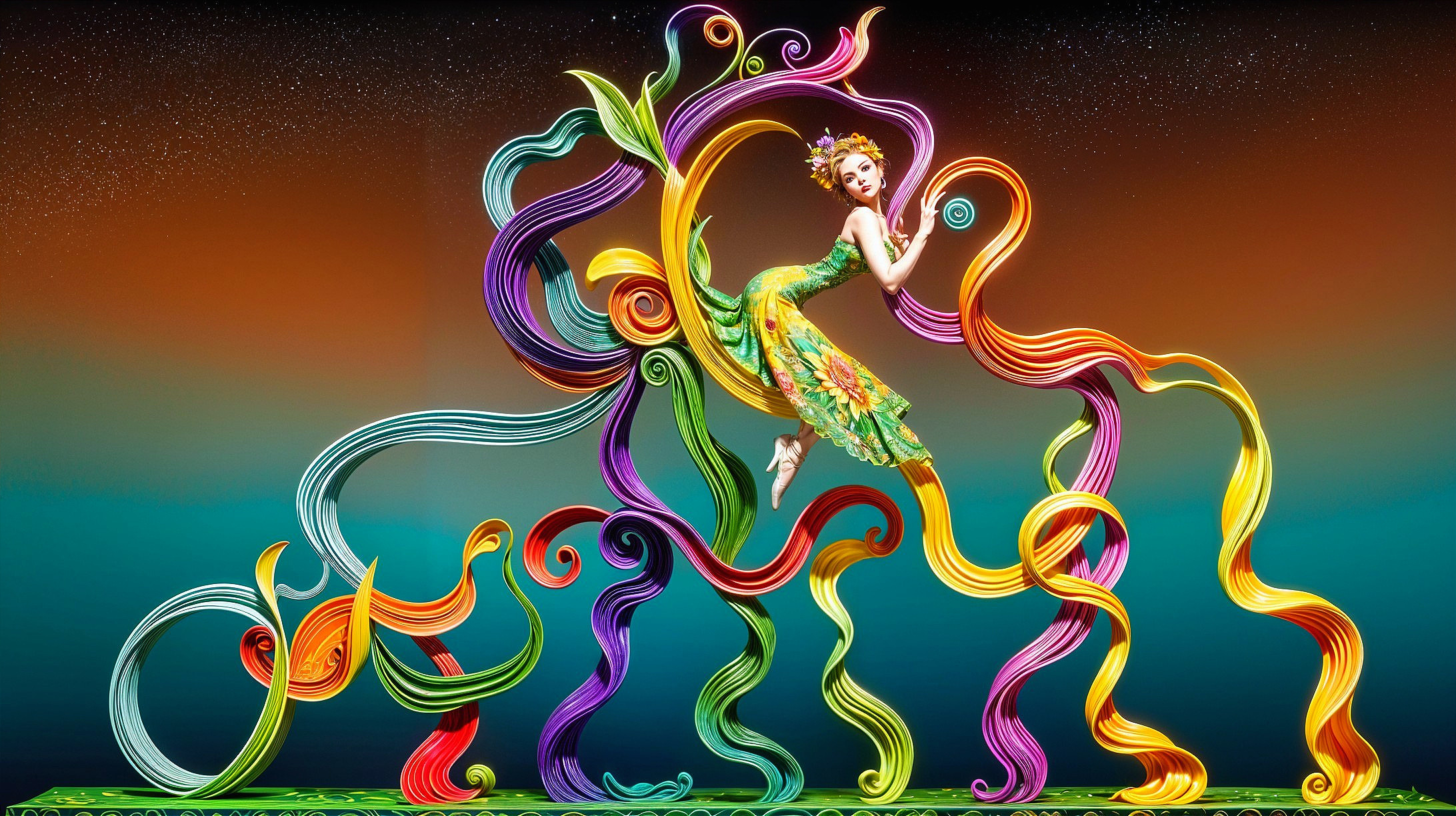 Whimsical Scene with Floral Gown and Colorful Ribbons