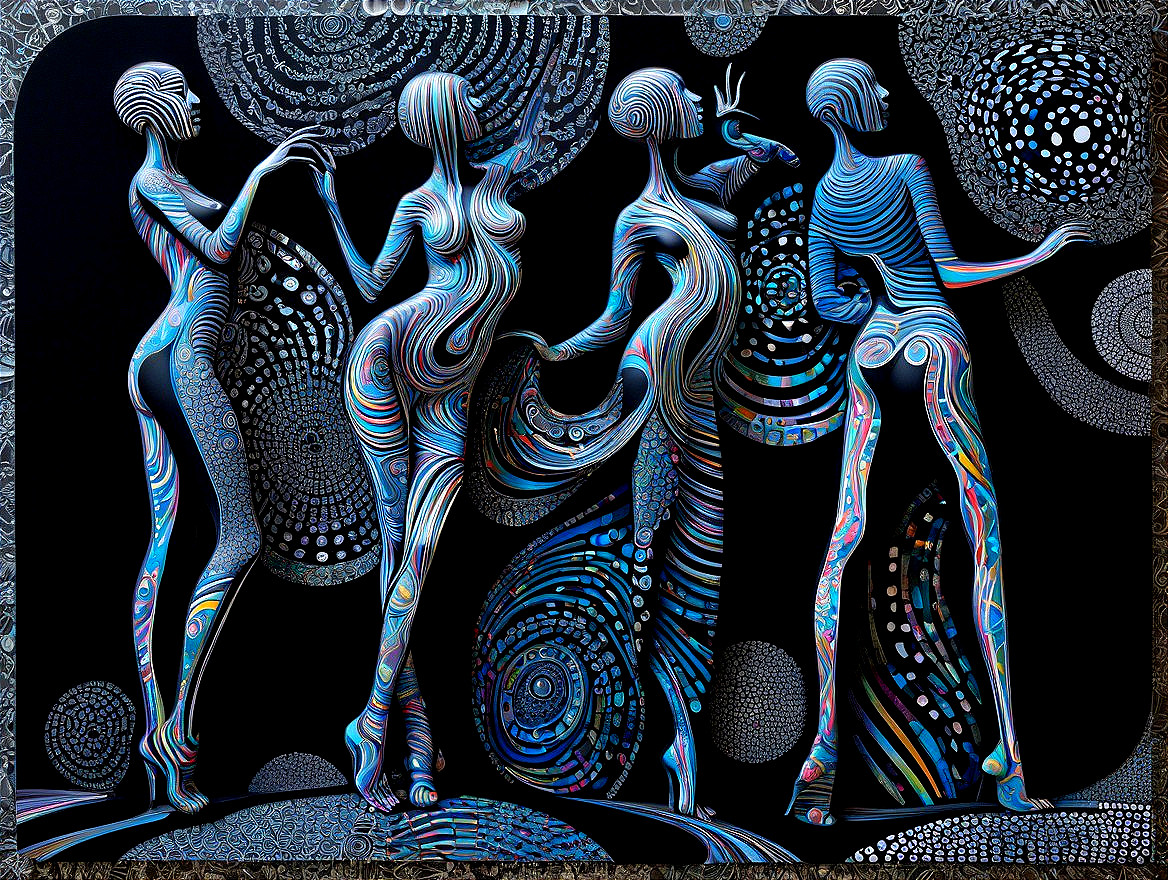 Stylized Figures with Flowing Lines and Vibrant Patterns