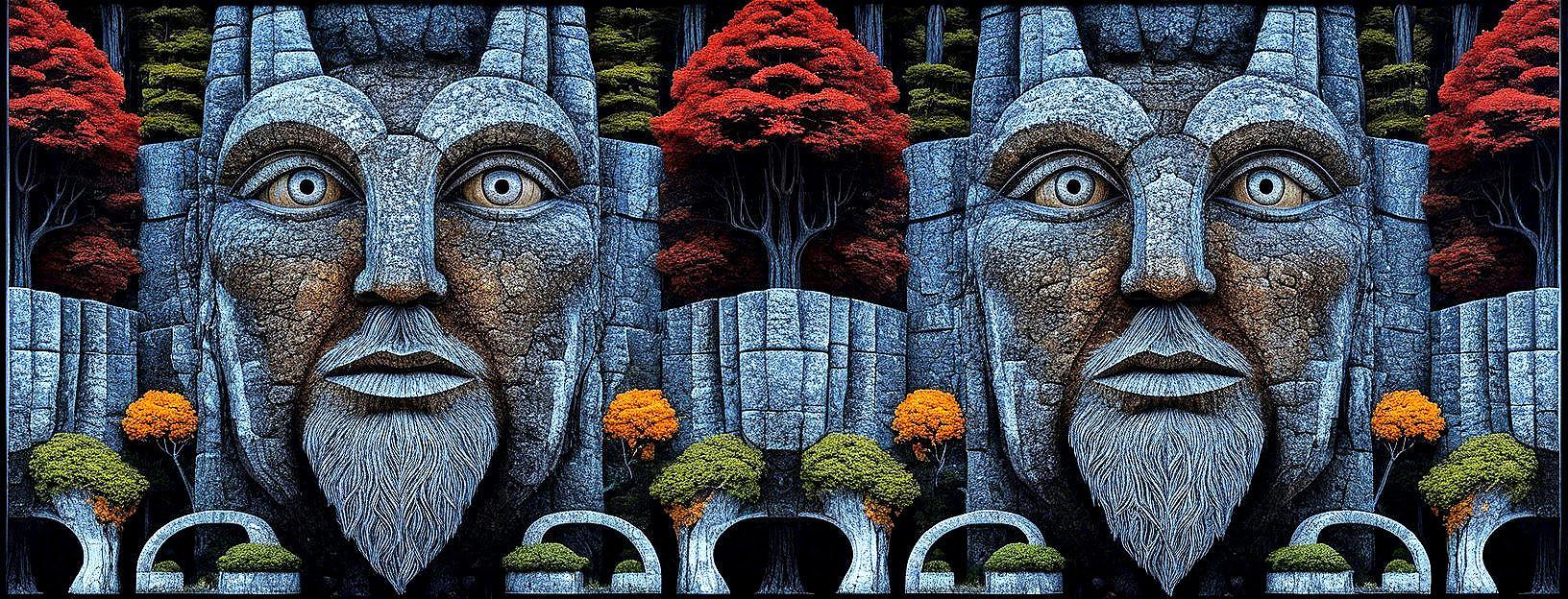Three Stone Faces Amidst Colorful Autumn Trees