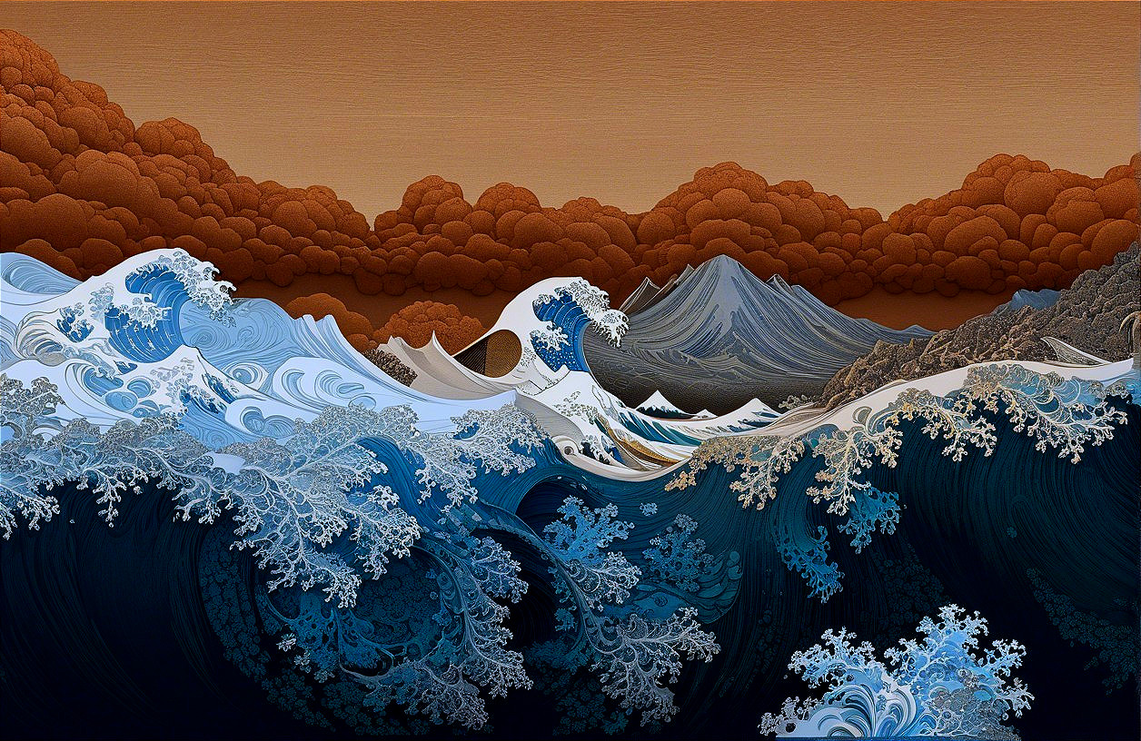 Seascape with Swirling Waves and Rugged Mountains