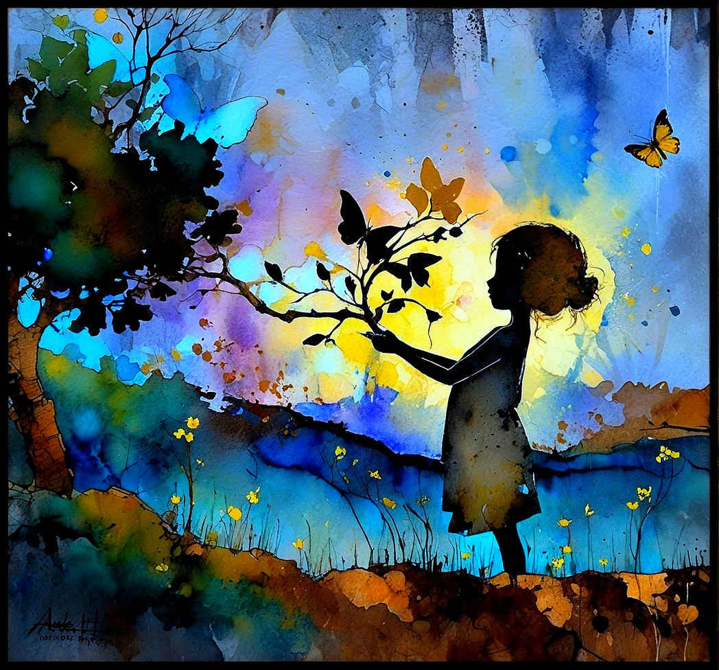 Silhouette of a girl with nature elements in vibrant colors