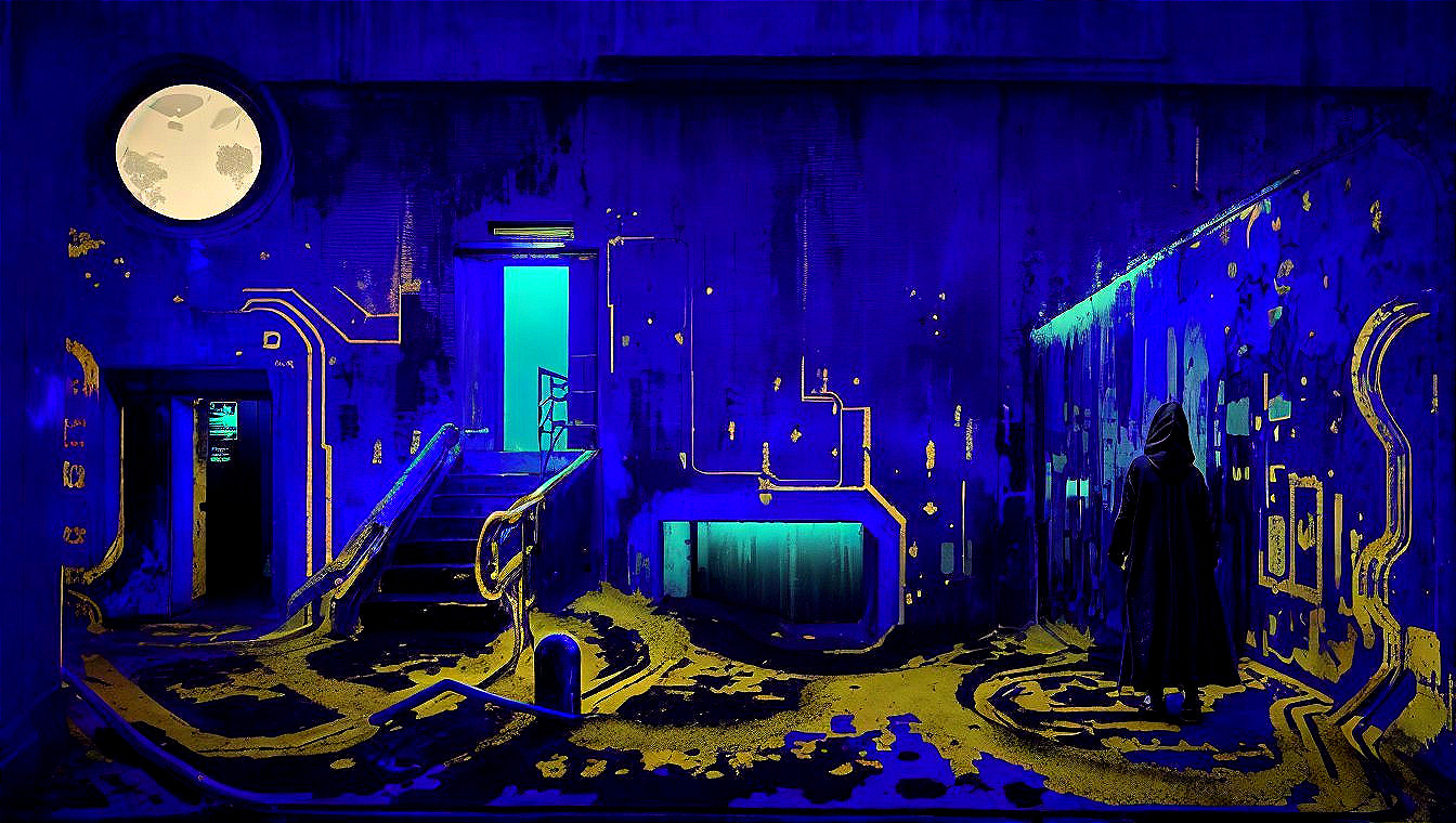 Surreal Futuristic Scene with Cloaked Figure and Doors