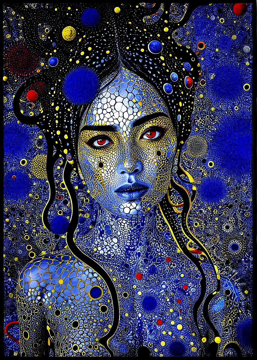 Portrait of a Woman with Blue Skin and Abstract Design
