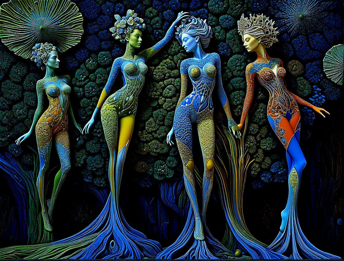 Surreal Illustration of Ethereal Figures in Forest