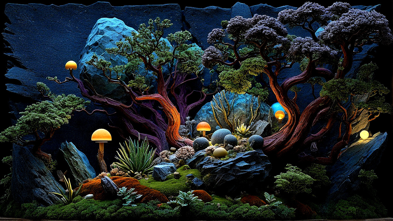 Fantastical Landscape with Twisting Trees and Mushrooms