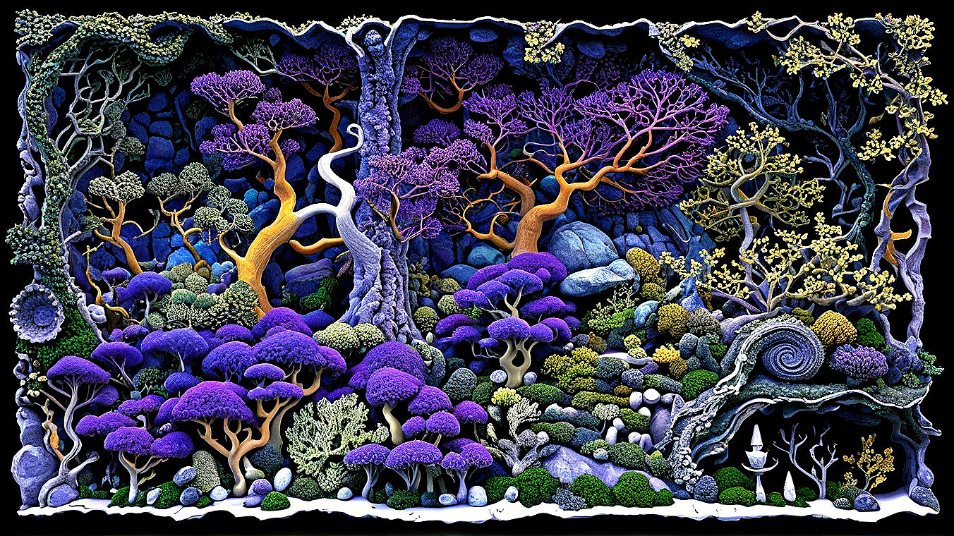 Whimsical Landscape with Purple Trees and Colorful Rocks