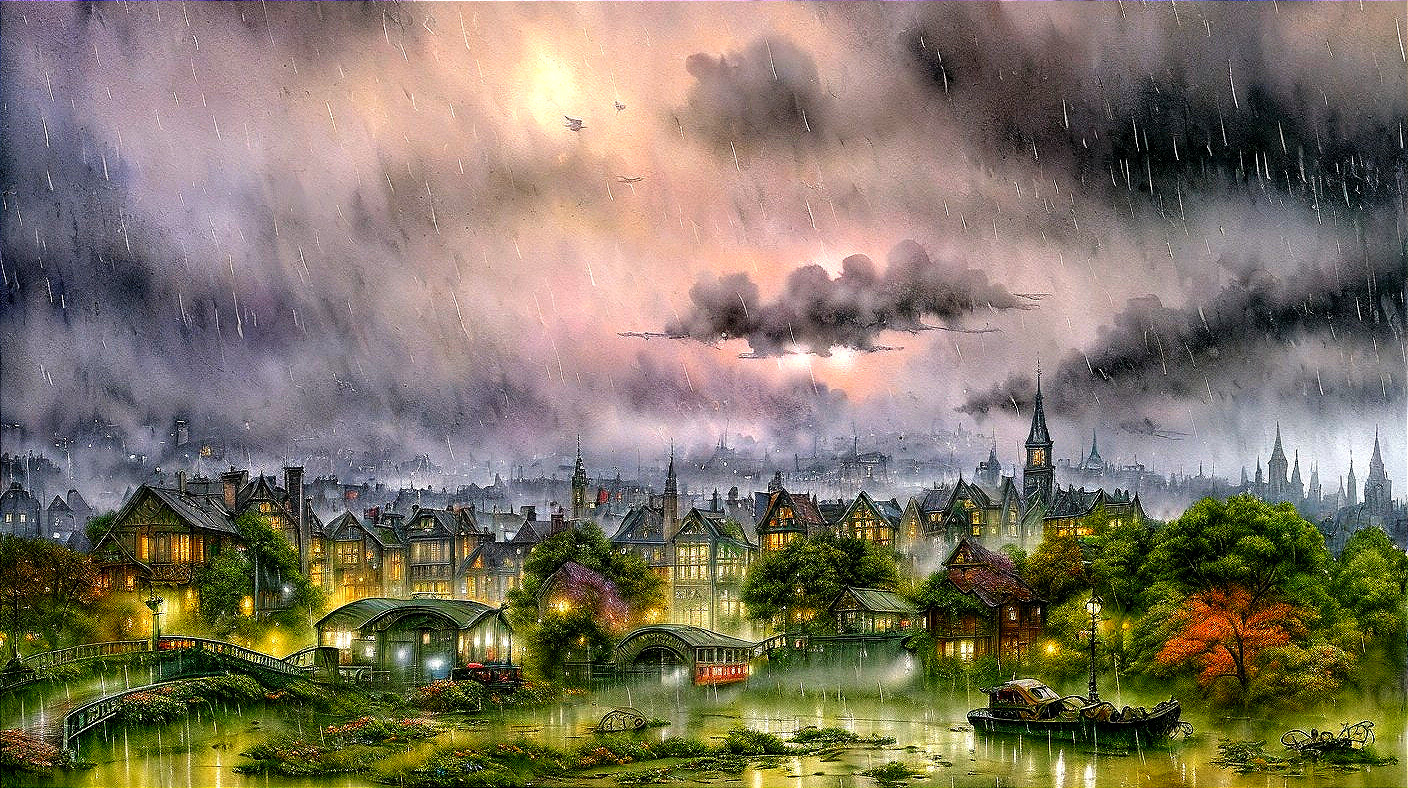 Misty Rain-Soaked Town with Quaint Houses and River