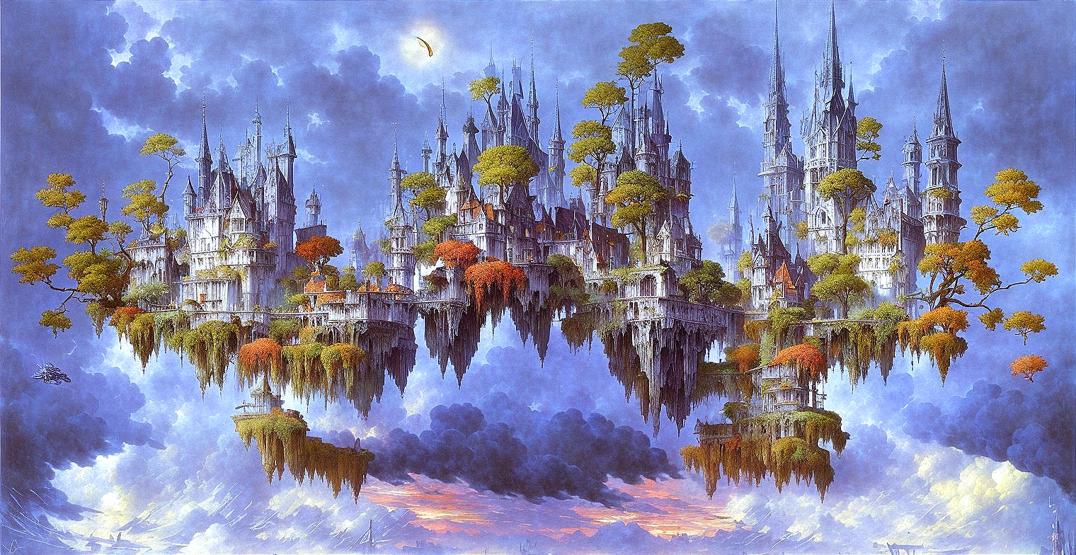Floating Cityscape with Castles and Autumn Trees