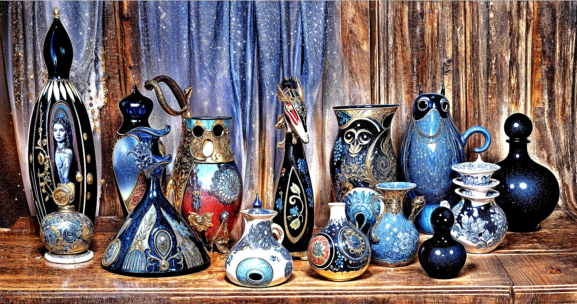 Intricately Designed Blue Ceramic Vases and Pots