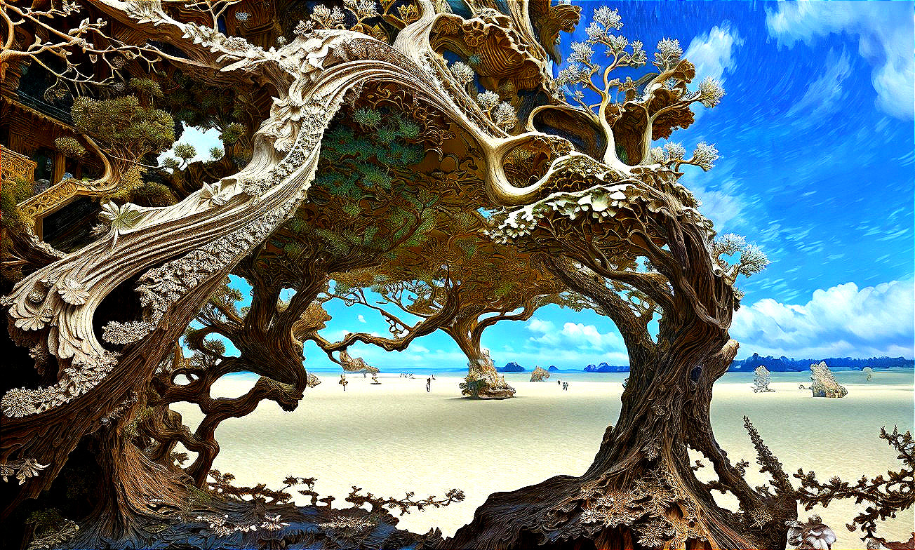 Surreal Landscape with Unique Trees and Rock Formations