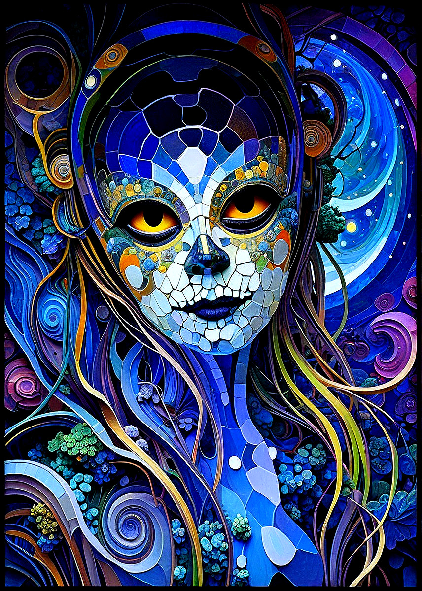 Fantastical Figure with Mosaic Features and Nature Elements