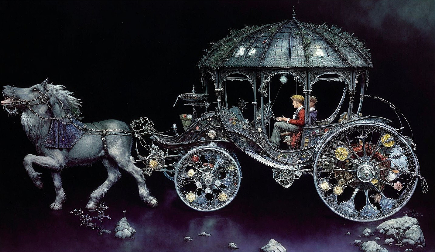 Whimsical Carriage with Gray Horse in Magical Setting