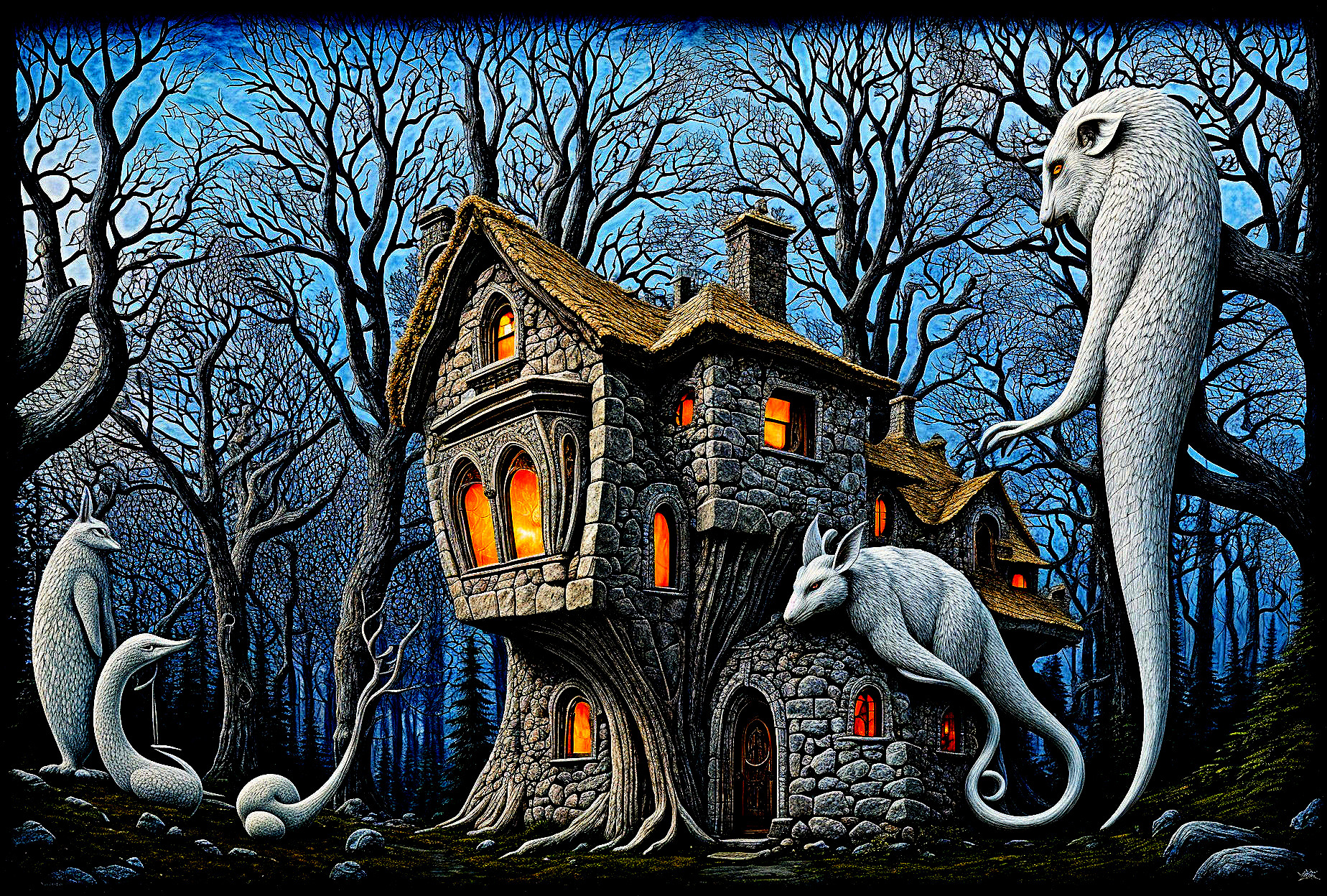 Twilight Scene of a Stone House with Ethereal Creatures