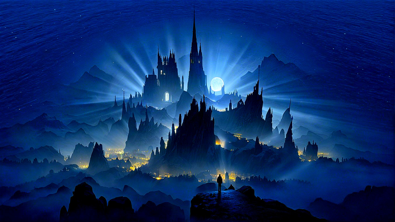 Mystical Landscape with Castle and Night Sky Elements