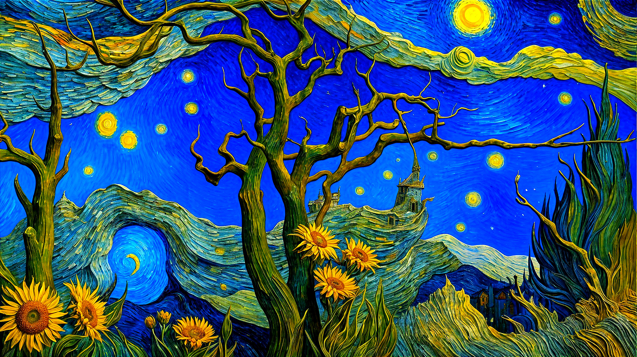 Vibrant Night Sky with Stars and Gnarled Tree